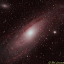 The Andromeda Galaxy<br />Image by Rob Lancaster using Ekos/KStars bleeding running on a Raspberry Pi 3 with Ubuntu MATE.  Taken on a Losmandy G11 mount with an SBIG 8300M camera Elkton Md.  Comprised of 10 Ha images and 7 OIII images with all exposures 5 minutes.  Processed in PixInsight and Aperture.
